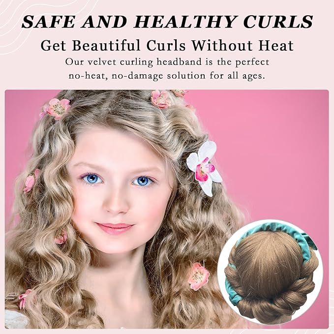 ZILAMPU No Heat Curling Rod Headband for Women & Girls, 70" Velour Overnight Hair Curlers Wrap for Long, Lazy Curls - Blue-green