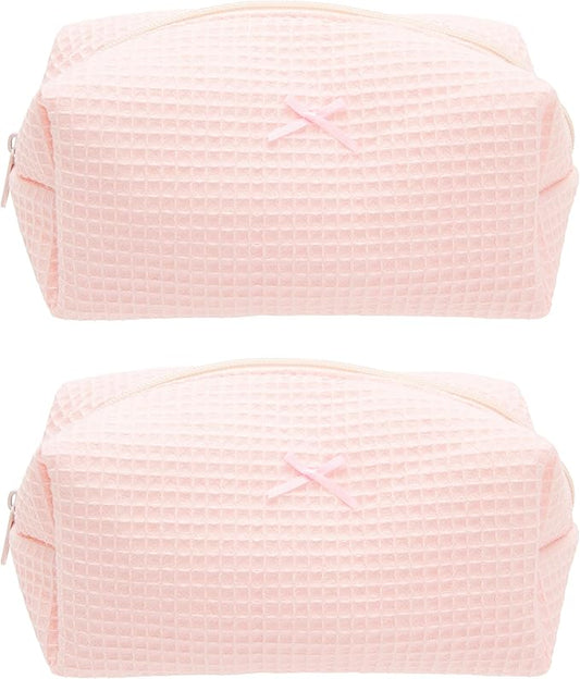 PAZIMIIK 2PCS Cozy Makeup Bag Travel Cosmetic Bag for Women Soft Toiletry Bag Aesthetic Makeup Organizer Portable Large Zipper Pouch for Skincare Beauty Accessories Brushes Waffle Check Light Pink