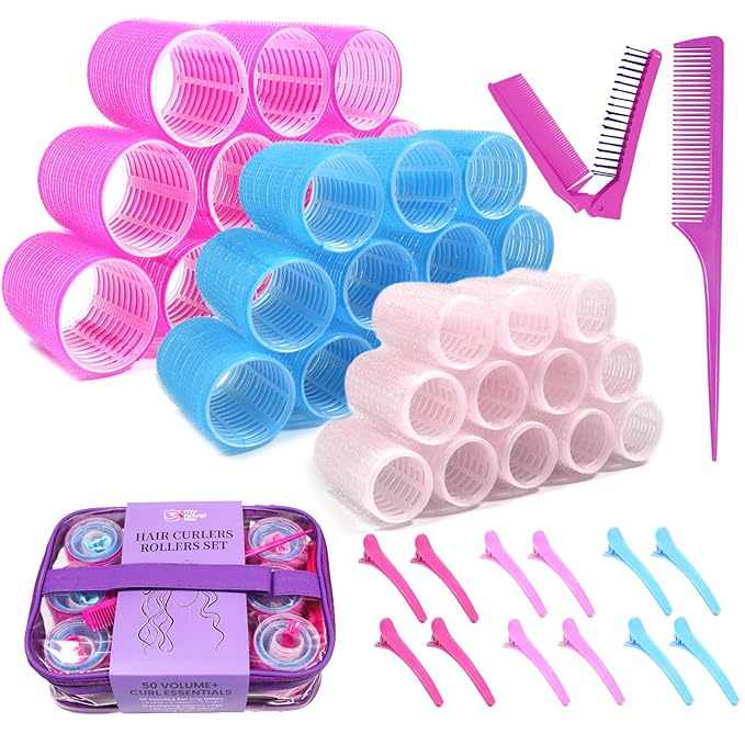 Hair Rollers Large Small 50PCS Set, 36PC Large Medium Small Hair Rollers for Volume Curlers with 12PC Clips 1 Tail Comb and 1 Folding Brush Comb for Short Medium Blowout Look Long Hair