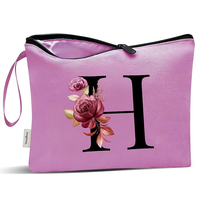 Vavabox A-Z Personalized Makeup Bag, Birthday Gifts for Women Mom, Gifts for Best Friend, Bride Bridesmaid Cosmetic bag (H, Purple)