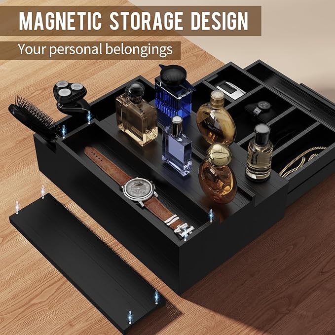Cologne Organizer for Men,3 Tier Cologne Stand with 2 Drawer and Side Extended Storage Space,Wood Perfume Stand Organizer，Great Gift Packing Box for Men and Women-Black