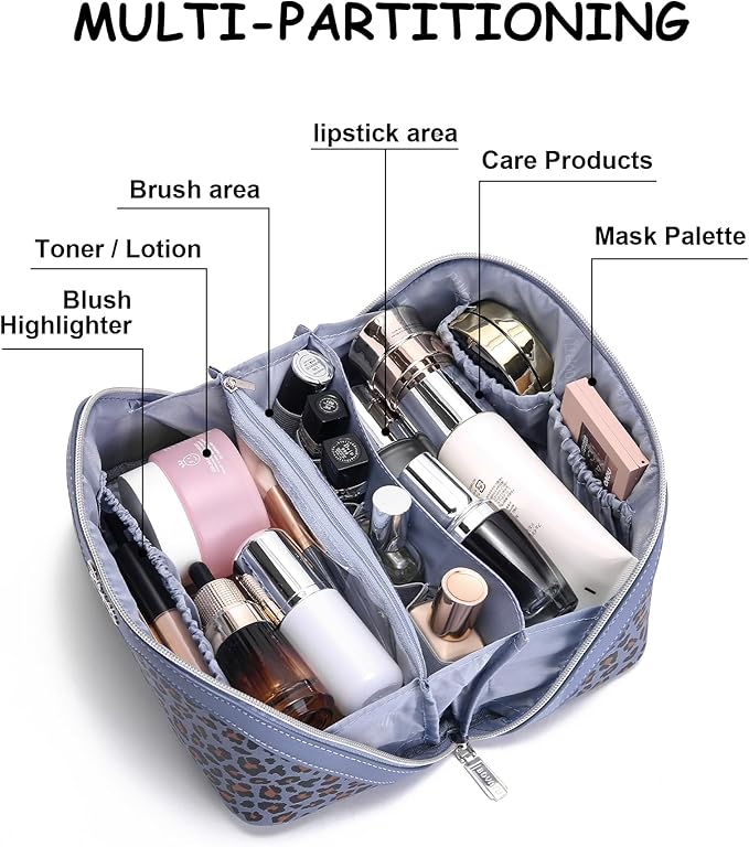 BOYATU Travel Makeup Bag for Women: 3 Pcs Set Portable Make up Bags with Handle - Leopard Print Cosmetic Bags with Comparments - Waterproof Vegan Leather Toiletry Bag (08-Light Blue)