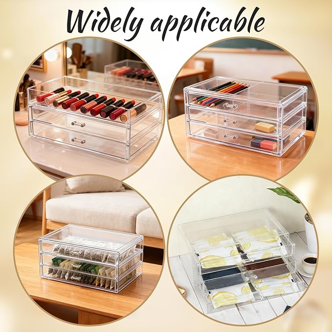 Acrylic Drawers Stackable Clear, 9.3 X 5.3 X 4 Inch Stackable Makeup Organizer Acrylic 3 Drawer Storage Organizers Clear Stationery Organizer for Dresser, Bathroom, Vanity, Countertop
