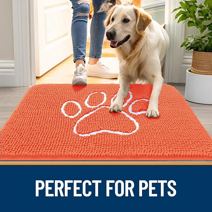 OLANLY Dog Door Mat for Muddy Paws 36x24, Paw Print Design, Absorbs Moisture and Dirt, Absorbent Non-Slip Washable Doormat, Quick Dry Chenille Mud Mat for Dogs, Entry Indoor Entryway Carpet, Coral