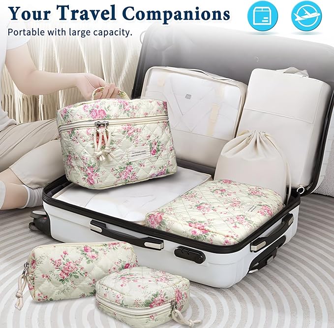 VIWIME Makeup Cosmetic Bag, Large Cotton Quilted Travel Coquette Aesthetic Cute Floral Make up Bag for Women Toiletry Bag Organizer (207- Pink Flower)