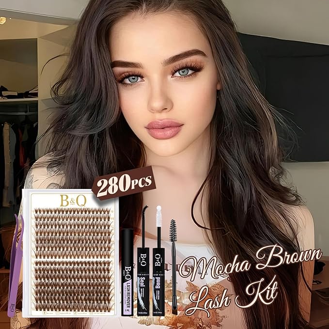 B&Q Mocha Brown Lash Clusters Kit | 280 Pcs Brown Wispy & Natural Eyelash Clusters for Beginner DIY, Complete Lash Extension Kit with Bond and Seal, Fake Eyelashes for Natural Look（40D+50D 9-16mm)