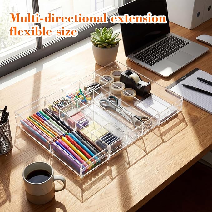 1 PC Acrylic Desk Drawer Organizer 2 Inch Height Expandable Drawer Organizer Trays with 10 Adjustable Compartments Desk Accessories for Makeup Silverware Office Bathroom(Clear, Elegant)
