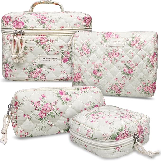 VIWIME Makeup Cosmetic Bag, Large Cotton Quilted Travel Coquette Aesthetic Cute Floral Make up Bag for Women Toiletry Bag Organizer (207- Pink Flower)