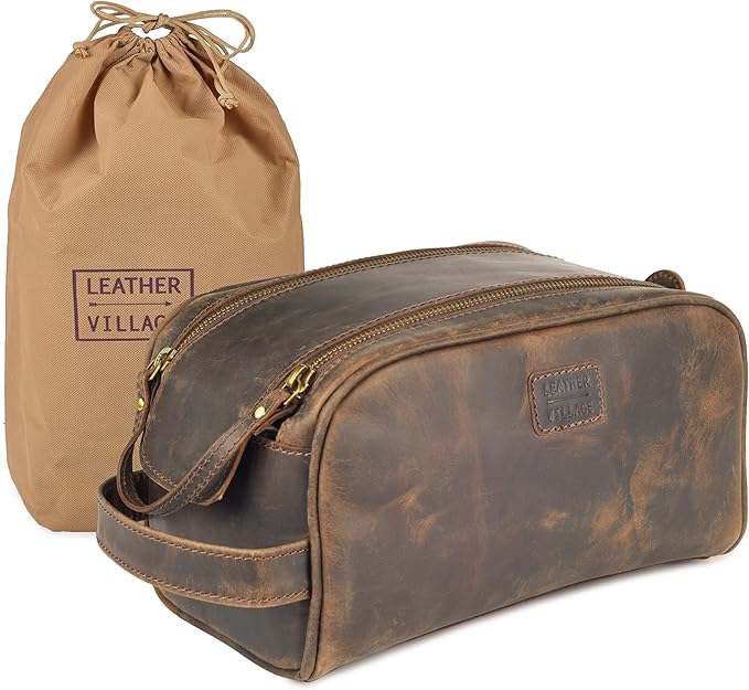 LEATHER VILLAGE Genuine Leather Toiletry Travel Pouch With Waterproof Lining - Brown | King-Size Handcrafted Vintage Dopp Kit Bag, Shaving & Bathroom Organizer, Gift for Men & Women