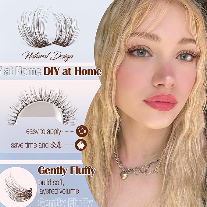 Mavphnee Brown Lash Clusters Kit Natural Eyelash Clusters Dark Brown Eyelash Extensions CC-Curly Pestañas Postizas Wispy Individual Lash Extensions Kit 8-16MM Brown Cluster Lashes 144PCS DIY Lash Kit