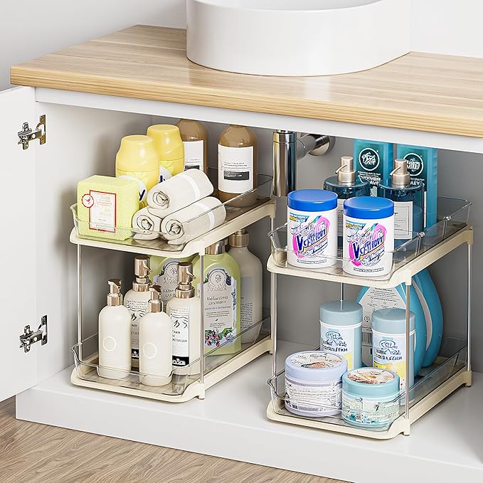Delamu 2-Tier Multi-Purpose Bathroom Under Sink Organizers and Storage, Stackable Kitchen Pantry Organization, Pull Out Medicine Cabinet Organizer with Movable Dividers, Beige, 4 Pack