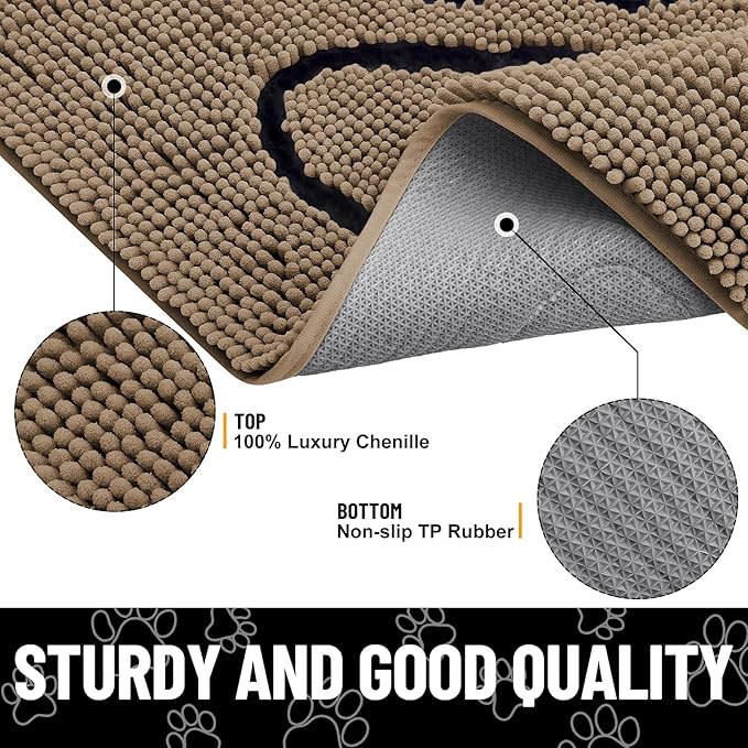 Smiry Dog Door Mat for Muddy Paws, Absorbent Dirt Trapper Non Slip Quick Dry Washable Chenille Mat for Mud Dogs, Entry Rug for Indoor and Outdoor (59x35 Inches, Camel and Black)
