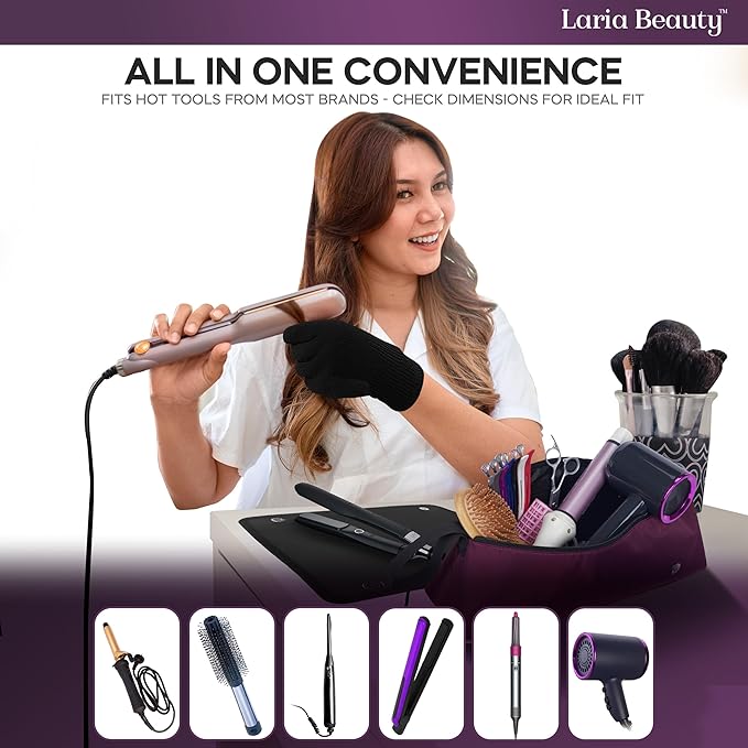 2-in-1 Hot Hair Tools Travel Bag, Removable Heat-Resistant Silicone Mat, Clear Pockets for Accessories, Protects Surfaces from Burns, Ideal for Curling & Flat Irons, Includes Heat-Resistant Glove