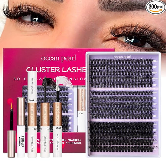 Ocean Pearl DIY Lash Extension Kit 300PCS Lash Cluters 10-20mm 40D 50D 100D Thick Eyelash Extension Kit Long Eyelashes Natural Individual Lashes with bond&seal&remover&tweezers-300