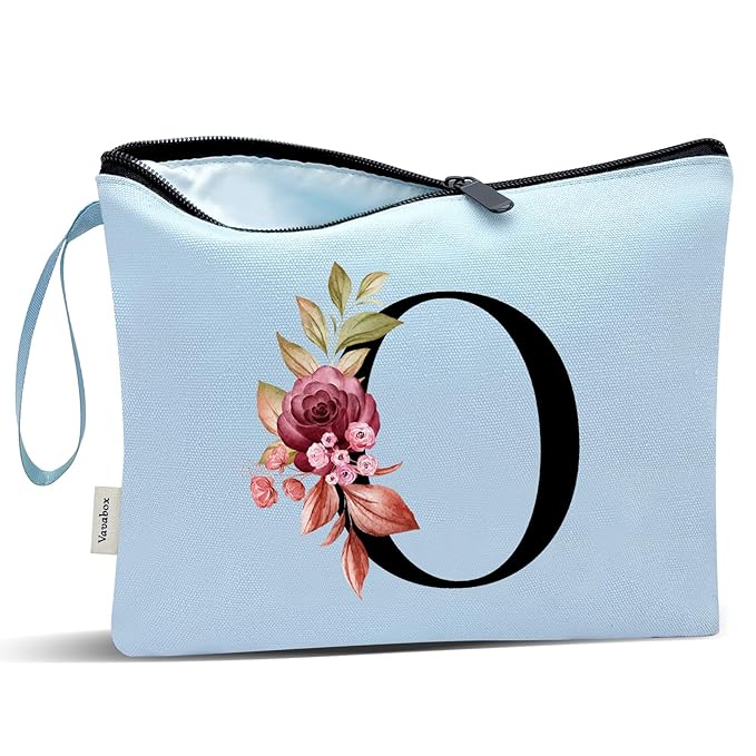 Vavabox A-Z Personalized Makeup Bag, Birthday Gifts for Women Mom, Gifts for Best Friend, Bride Bridesmaid Cosmetic bag (O, Blue)