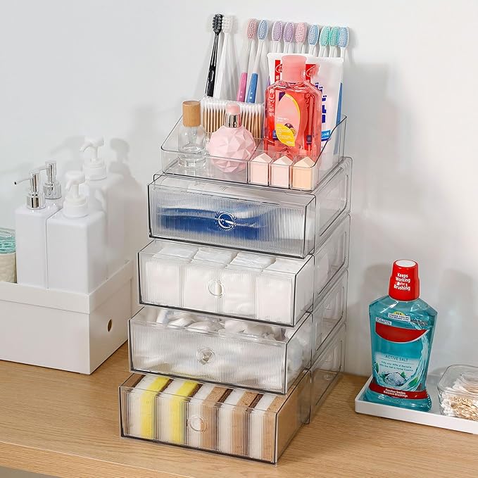 5-Tiers Makeup Organizer with Drawer for Vanity, Stackable Bathroom Storage Box for Beauty Essentials, Skincare Products, Cosmetic Brushes, Perfume Stand, Clear Lipsticks Holder