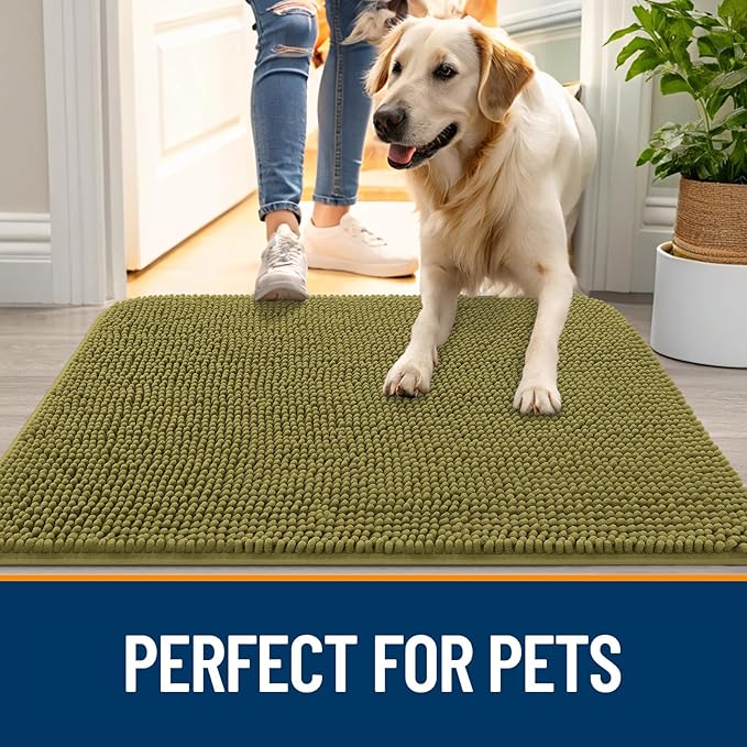 OLANLY Dog Door Mat for Muddy Paws 70x32, Absorbs Moisture and Dirt, Absorbent Non-Slip Washable Doormat, Quick Dry Chenille Mud Mat, Entry Indoor Entryway Carpet for Inside Floor, Willow Green