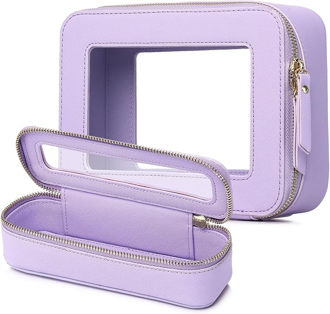 Clear Travel Makeup Bag with Brush Case Portable Transparent Cosmetic Bag and Toiletry Bag Waterproof Makeup Organizer with Zipper Car Essential for Women (Purple, M+Slim)