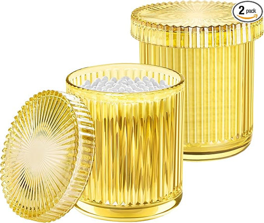 2 Pack Qtip Holder - Apothecary Jars with Lids, Bathroom Organizers and Storage Canister for Cotton Balls,Swabs,Floss Picks,Hair Ties,Clear Glass Vintage Bathroom Decor Jar Set (yellow)