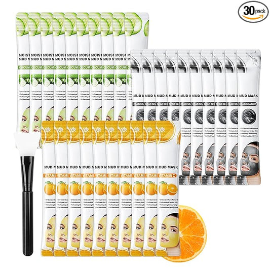 30P Clay Mask for Face Set with Silicone Face Mask Brush,Includes Vitamin C Clay Mask,Cucumber Clay Mask,Dead Sea Mud Mask,Pore Cleansing Face Mask Set,Mask Skincare for Men & Women
