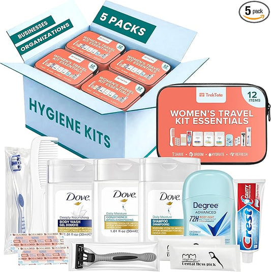 TrekTote Womens Bulk Travel Hygiene Kits 12 Piece, Travel Size Toiletries Set with Cosmetic Bag, Bulk Case Pack Pre Assembled Care Kits
