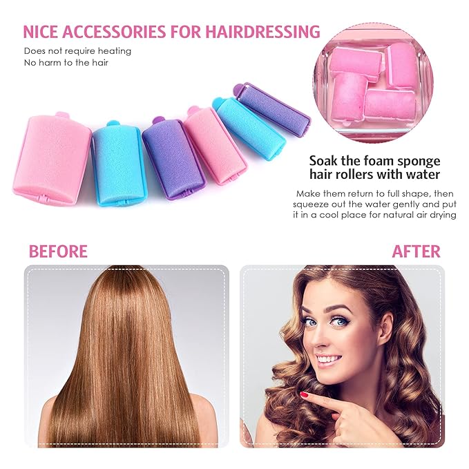 Syhood 56 Pcs Foam Sponge Hair Rollers 6 Sizes Soft Sleeping Curlers Flexible Sponge Curler Tool Rat Tail Comb for Long Short Hair Styling(Warm Color)