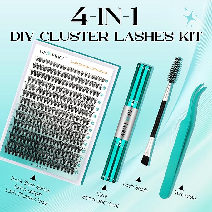 GEMERRY Thick Lash Clusters Kit Fluffy Lash Extension Kit Cluster Lashes 280Pcs D Curl Eyelash Extension Kit With Bond and Seal, Lash Tweezers, DIY Lash Extension(100P-8-16mm)