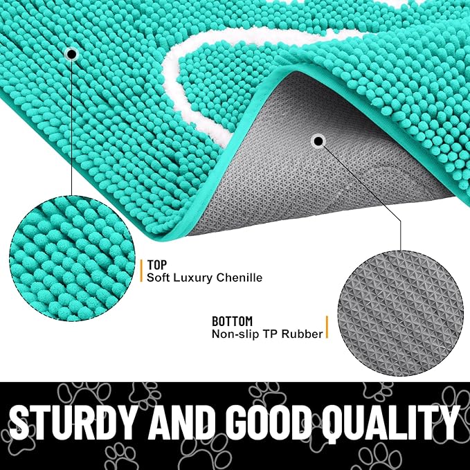 Smiry Dog Door Mat for Muddy Paws, Absorbent Dirt Trapper Non Slip Quick Dry Washable Chenille Mat for Mud Dogs, Entry Rug for Indoor and Outdoor (59x35 Inches, Turquoise and White)