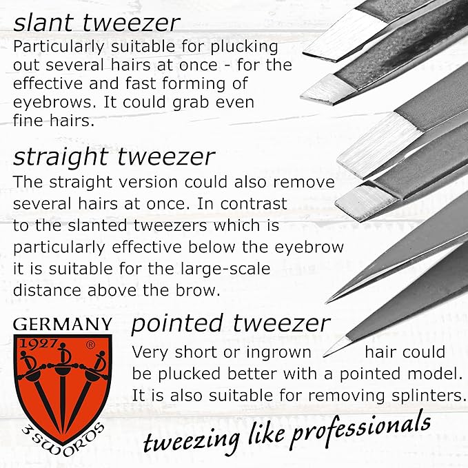 3 Swords Germany – stainless steel precision tweezer set “SILVERADO”, slanted, straight, pointed eyebrows hair, synthetic leather case by 3 Swords