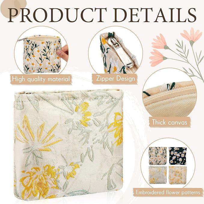 Abbylike 4 Pcs Small Makeup Bag Corduroy Cosmetic Pouch with Zipper Portable Little Bags for Purse Mini Pouch Cute Makeup Purse for Coin Essentials Items Women(Embroidery)