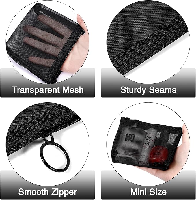 8 Pack Mini Zipper Mesh Makeup Bags, Nylon Cosmetic Bags Toiletry Purse Travel Organizer Bags Inside Bag for Office Travel Organization (Widened-Black, XS)