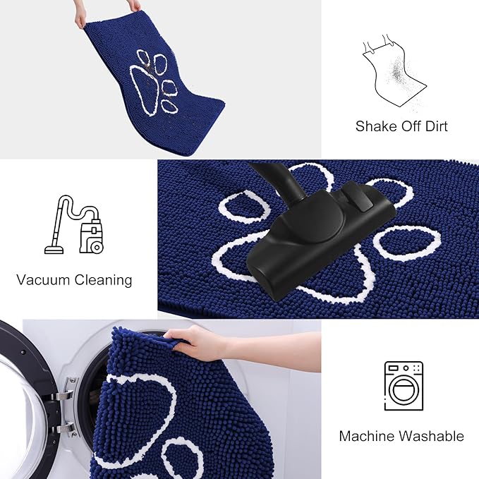 Smiry Dog Door Mat for Muddy Paws, Absorbent Dirt Trapper Non Slip Quick Dry Washable Chenille Mat for Mud Dogs, Entry Rug for Indoor and Outdoor (48x30 Inches, Navy Blue and White)
