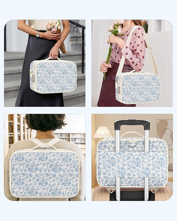 Relavel Large Makeup Bag, Cute Cosmetic Bags for Women and Girls Travel Makeup Organizer Bag Train Case 13.8 inches Makeup Brush Holder and Storage with Adjustable Dividers, Floral Print