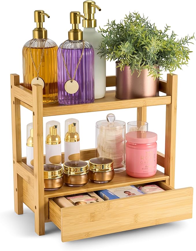 Sorbus Bamboo Bathroom Counter Organizer – 2-Tier Shelf with Hidden Drawer for Vanity, Matcha Station, Bathroom Sink Organizer Countertop, Kitchen & Office Storage (13″ L x 6.5″ W x 12.6″ H)