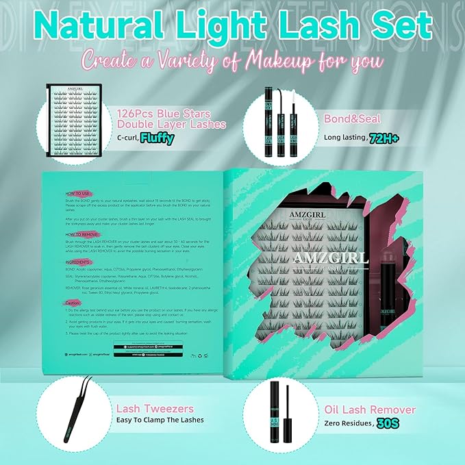 Lash Clusters Kit 126Pcs Eyelash Extensions Kit C Curl Glitter Eyelashes Cluster with Lash Bond and Seal,Lash Remover,Lash Tweezer For False Lashes Cluster Kit At Home(Blue Stars Kit-Double Glitter)