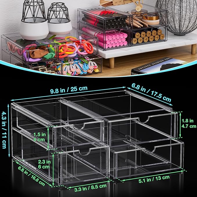 Noverlife Acrylic Hair Accessories Organizer with 4 Drawers, Clear Storage Drawers for Organizing Hair Ties/Jewelry/Sunglass, Stylish Make up Organizer Display & Office Bathroom Desktop Storage Case