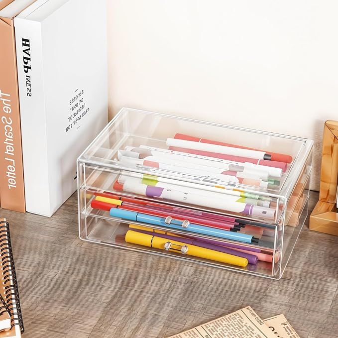 Acrylic Drawers Stackable Clear, 9.3 X 5.3 X 4 Inch Stackable Makeup Organizer Acrylic 3 Drawer Storage Organizers Clear Stationery Organizer for Dresser, Bathroom, Vanity, Countertop