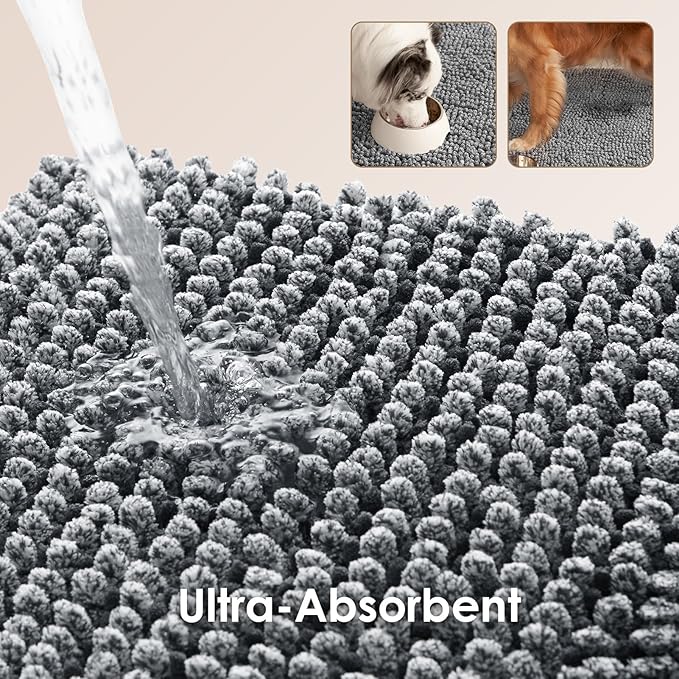 EHEYCIGA Super Absorbent Dog Door Mat for Muddy Paws 36x24 Inch Indoor, Front Doormat Outside Entrance, Quick Dry Chenille Washable Dog Crate Bed, Non-Slip Pet Rug Mud Mat Outdoor Entryway, Grey