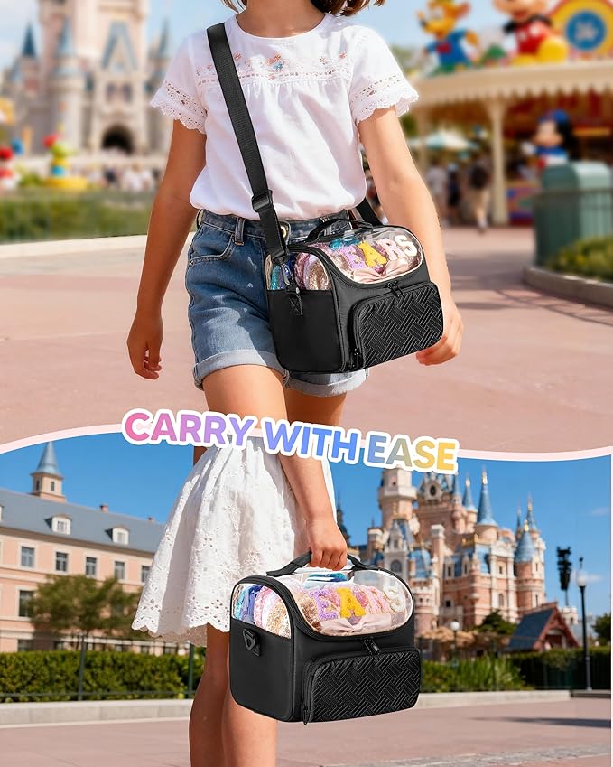 Mouse Ears Travel Case with Detachable Divider, Headband Holder Organizer Bag with Shoulder Strap, Chenille Letter Hair Accessories Storage Box, Black