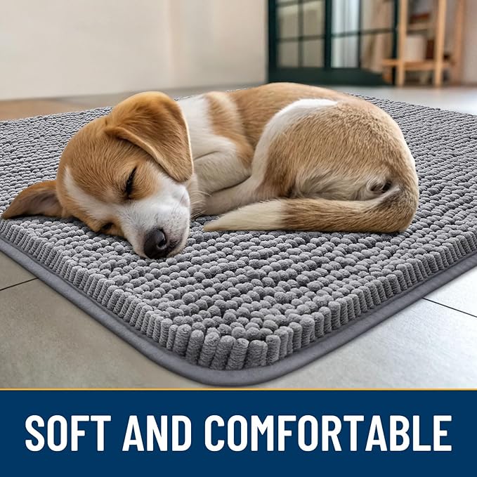 Smiry Dog Door Mat for Muddy Paws 47x17, Absorbs Moisture and Dirt Doormat, Non-Slip Washable Quick Dry Chenille Front Door Mat Indoor Entrance, Entryway Carpet for Inside Floor, Grey