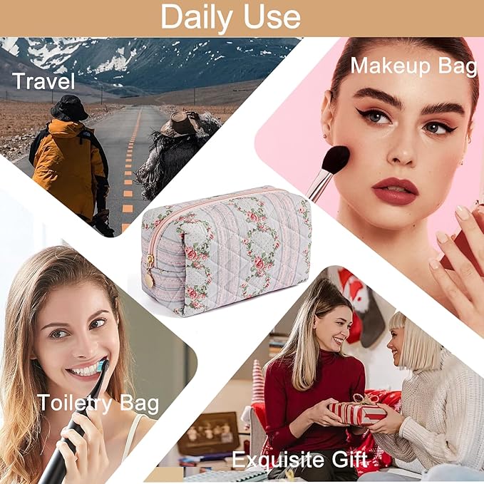 Makeup Bag Travel Cosmetic Bag for Women Girls, Zipper Make Up Pouch, Floral Flowers Toiletry Organizer Makeup, Portable Storage Bag, Cosmetic Travel Cloth Bag (Blue)
