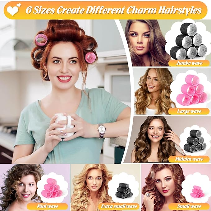 6 Size Hair Rollers for Women, 62 Pcs Rollers Hair Curlers for Blowout Look Long Medium Short Hair, Jumbo Large Medium Small Self Grip Curlers with 36 Roller 24 Clips 1 Storage Bag