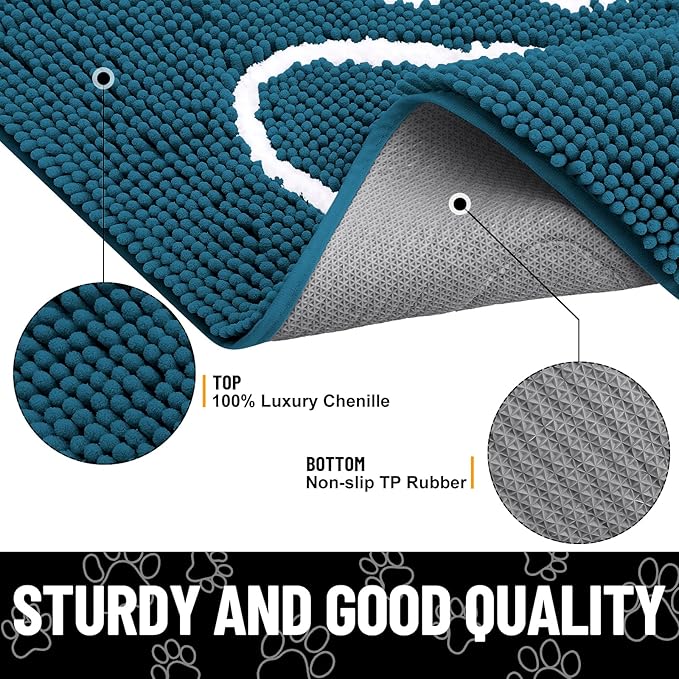 Smiry Dog Door Mat for Muddy Paws, Absorbent Dirt Trapper Non Slip Quick Dry Washable Chenille Mat for Mud Dogs, Entry Rug for Indoor and Outdoor (40x32 Inches, Atlantic Blue and White)