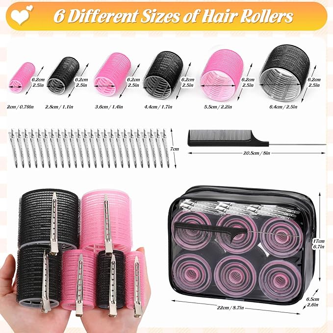 6 Size Hair Rollers for Women, 62 Pcs Rollers Hair Curlers for Blowout Look Long Medium Short Hair, Jumbo Large Medium Small Self Grip Curlers with 36 Roller 24 Clips 1 Storage Bag