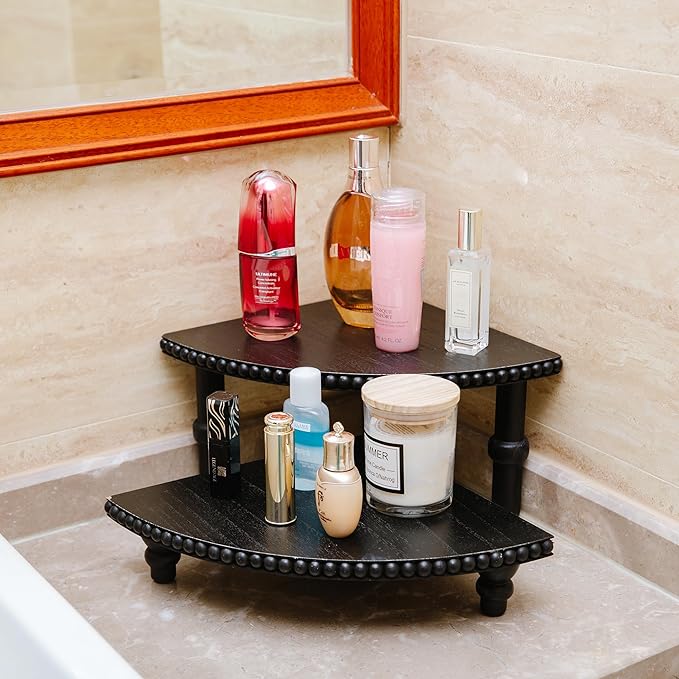 Defined Deco 2 Tier Corner Pedestal Stand Rustic Decor Riser for Display - Farmhouse Wood Beaded Tray Kitchen Bathroom Countertop Organizer for Coffee Bar, Plant Stand, Black Stackable Corner Shelf