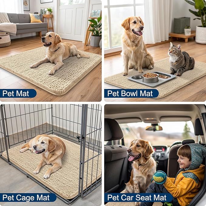 Smiry Dog Door Mat for Muddy Paws 45x27, Absorbs Moisture and Dirt Doormat, Non-Slip Washable Quick Dry Chenille Front Door Mat Indoor Entrance, Entryway Carpet for Inside Floor, Beige