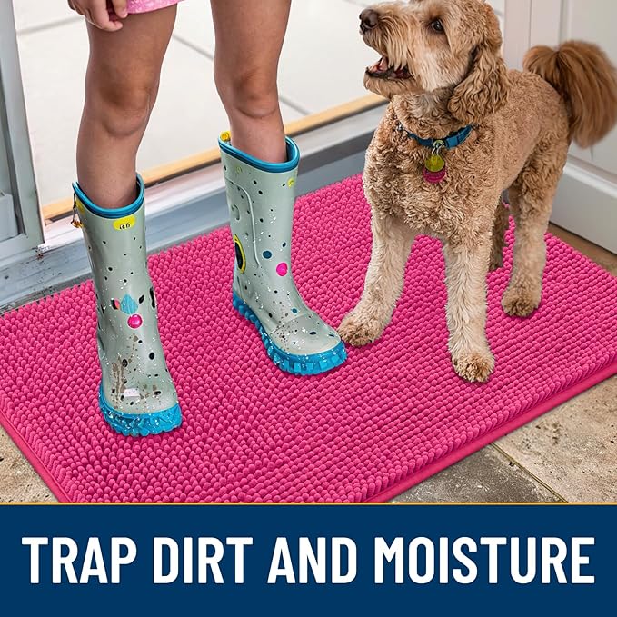 Smiry Dog Door Mat for Muddy Paws 70x24, Absorbs Moisture and Dirt Doormat, Non-Slip Washable Quick Dry Chenille Front Door Mat Indoor Entrance, Entryway Carpet for Inside Floor, Hot Pink