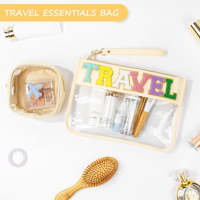 2 Pcs Chenille Letter Patch Clear Travel Bags, Preppy PVC&Nylon Makeup Bag with Zipper, Waterproof Clear Travel Toiletry Bag Storage Bag for Women Girls