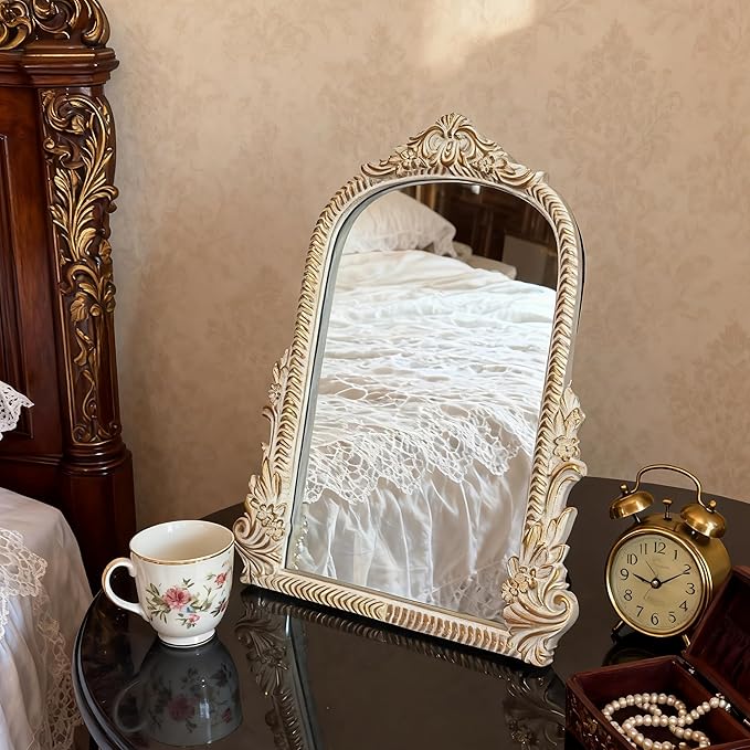 Baroque White Vintage Vanity Mirror 13x10 Inch, Wall-Mounted & Tabletop Dual-Use, Ornate Gold Accent Retro Decorative Mirror for Bedroom Dresser, Bathroom, Living Room and Dorm