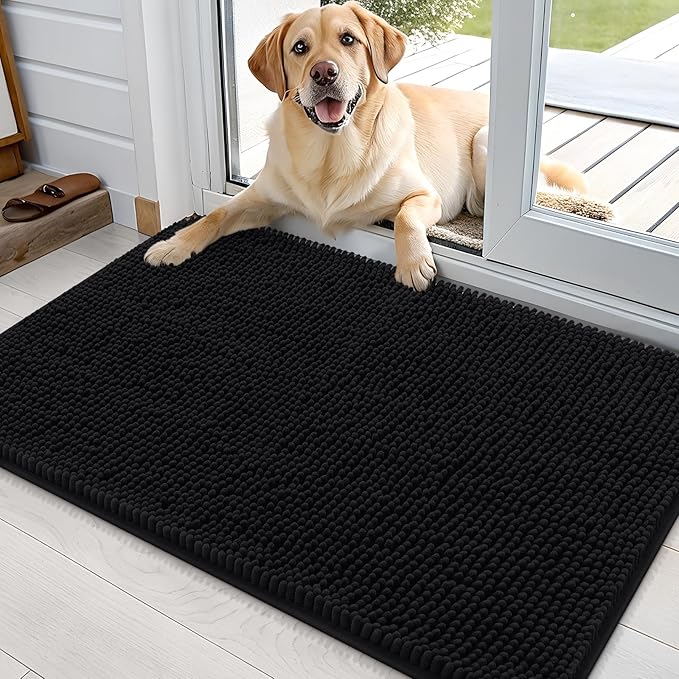 OLANLY Dog Door Mat for Muddy Paws 35x24, Absorbs Moisture and Dirt, Absorbent Non-Slip Washable Doormat, Quick Dry Chenille Mud Mat for Dogs, Entry Indoor Entryway Carpet for Inside Floor, Black